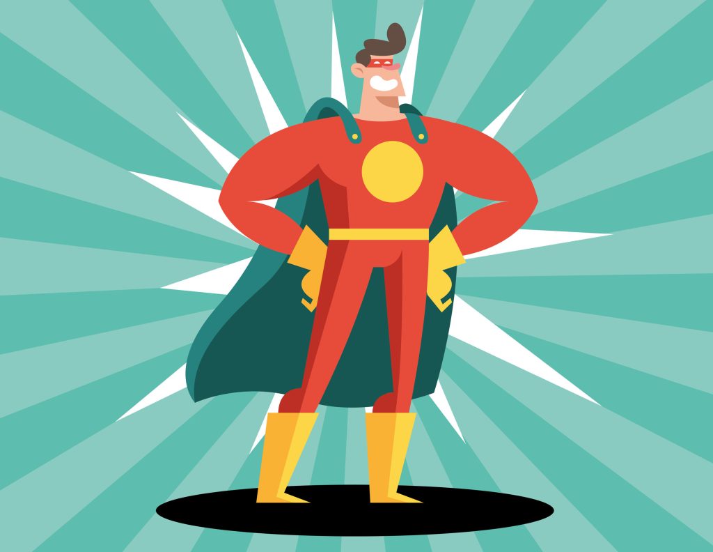 The ultimate SEO superhero in a cape and red and yellow suit.