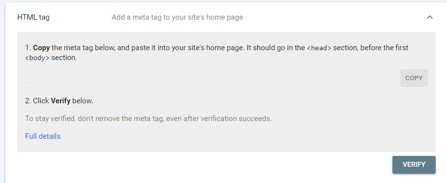 Google Search Console's website verification page via HTML tag.