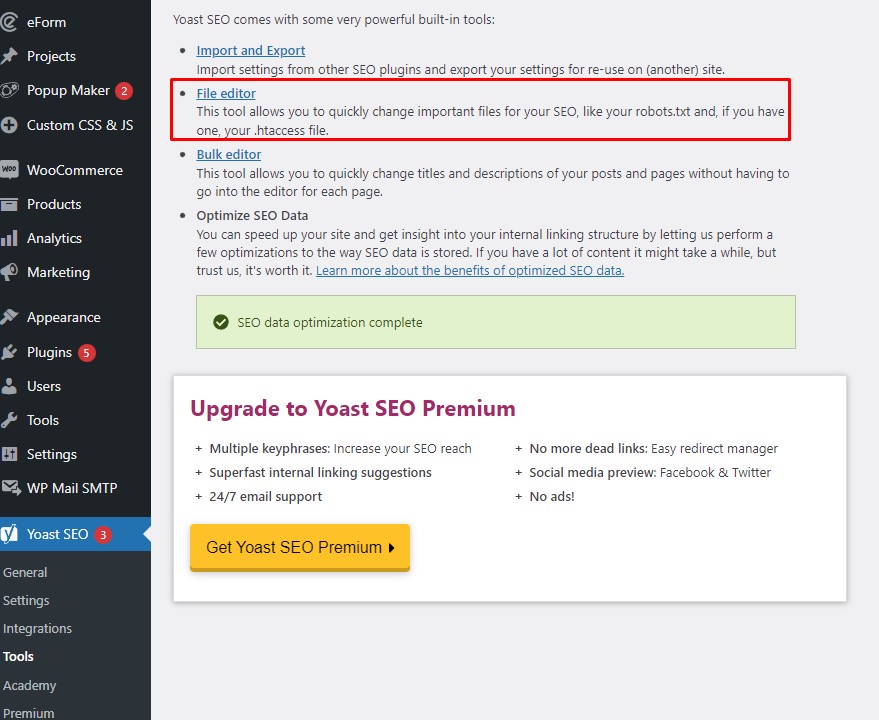 A screenshot of Yoast SEO tools section to get to the file editor.