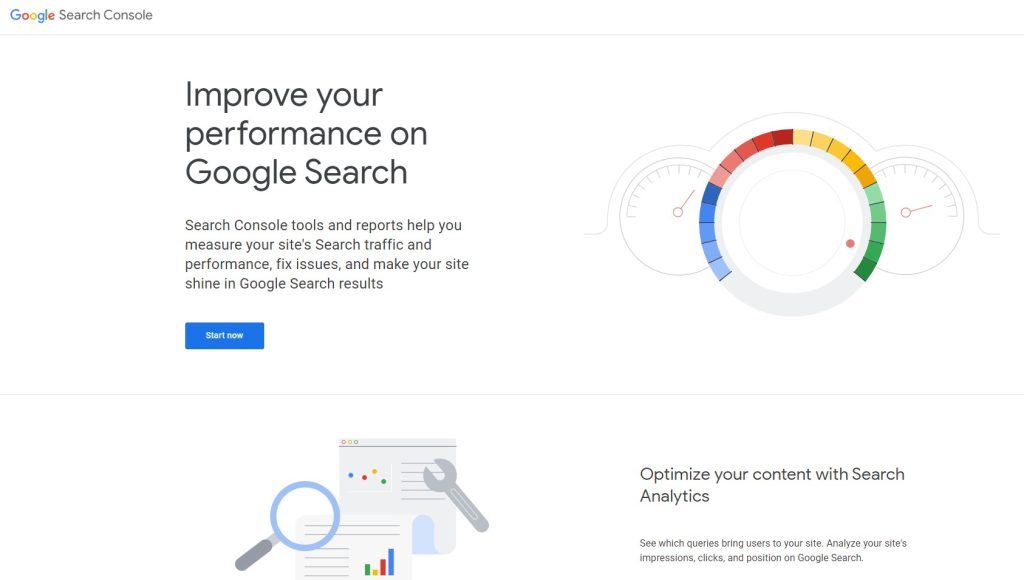 An image of the Google Search Console main page.