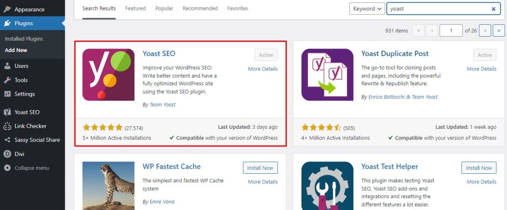 Yoast SEO plugin download displayed on the WordPress Dashboard.