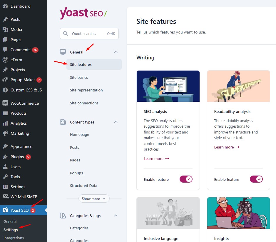 A screenshot displaying how to find Site features under Yoast SEO settings in the WordPress dashboard.