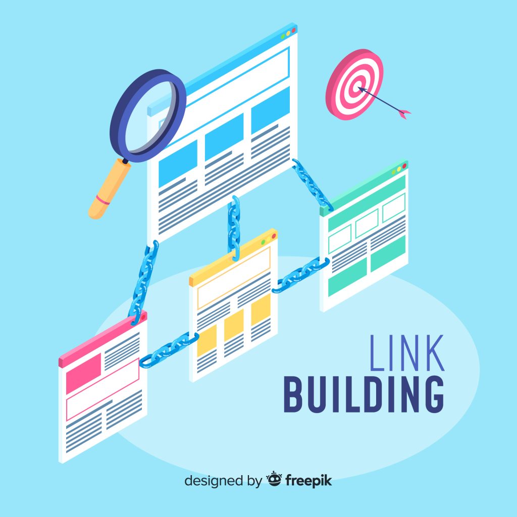 An image with 4 different charts, one on top and three on bottom, all linked together to represent link building with SEO. Image by <a href="https://www.freepik.com/free-vector/big-data-composition-with-isometric-view_3440641.htm#query=backlinks&position=13&from_view=search&track=sph">Freepik</a>