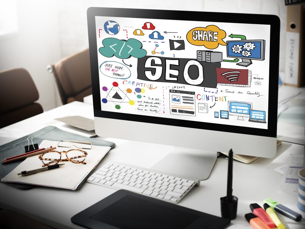 <a href="https://www.freepik.com/free-photo/seo-search-engine-optimization-internet-digital-concept_18421484.htm#query=seo%20journey&position=23&from_view=search&track=ais">Image by rawpixel.com</a> on Freepik.  An image depicting SEO work on a computer monitor.