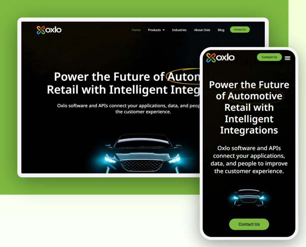 Mobile and desktop view of the Oxlo website with sleek black and deep green, designed by Hog the Web.