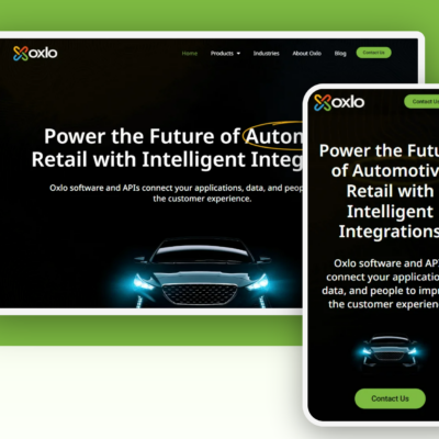 Mobile and desktop view of the Oxlo website with sleek black and deep green, designed by Hog the Web.