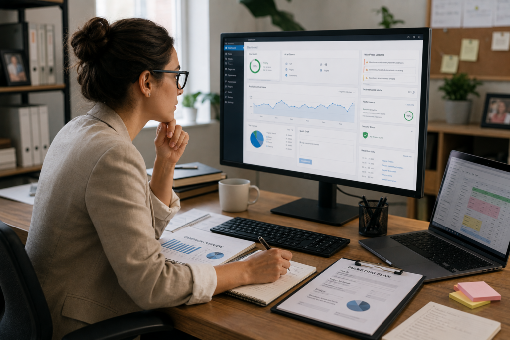 Marketing manager balancing in-house website maintenance with other business marketing responsibilities.