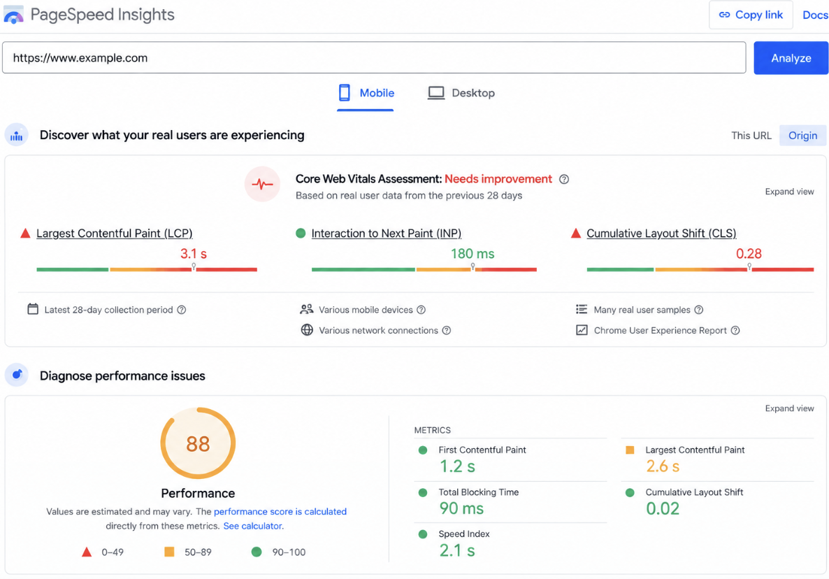 Example PageSpeed Insights report showing different Lighthouse and real-user website performance results.