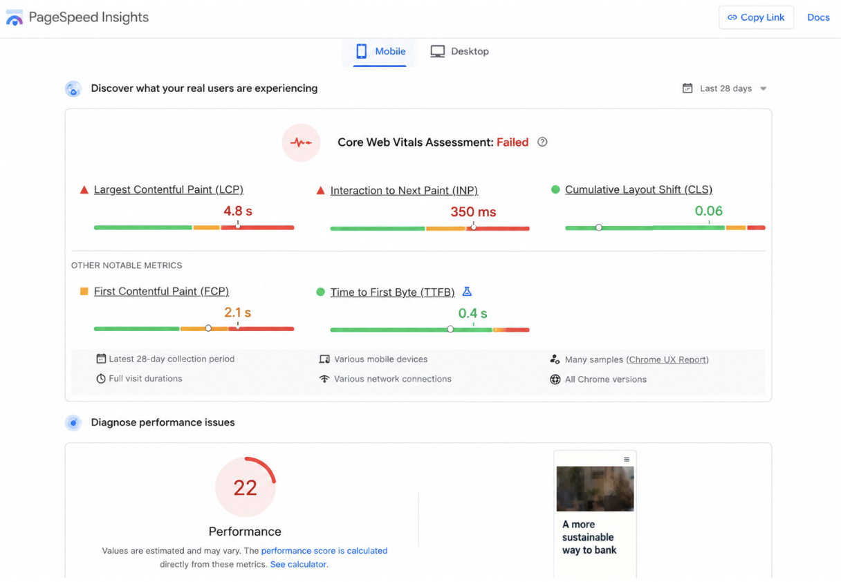 Example Google PageSpeed Insights report showing poor Core Web Vitals on mobile.