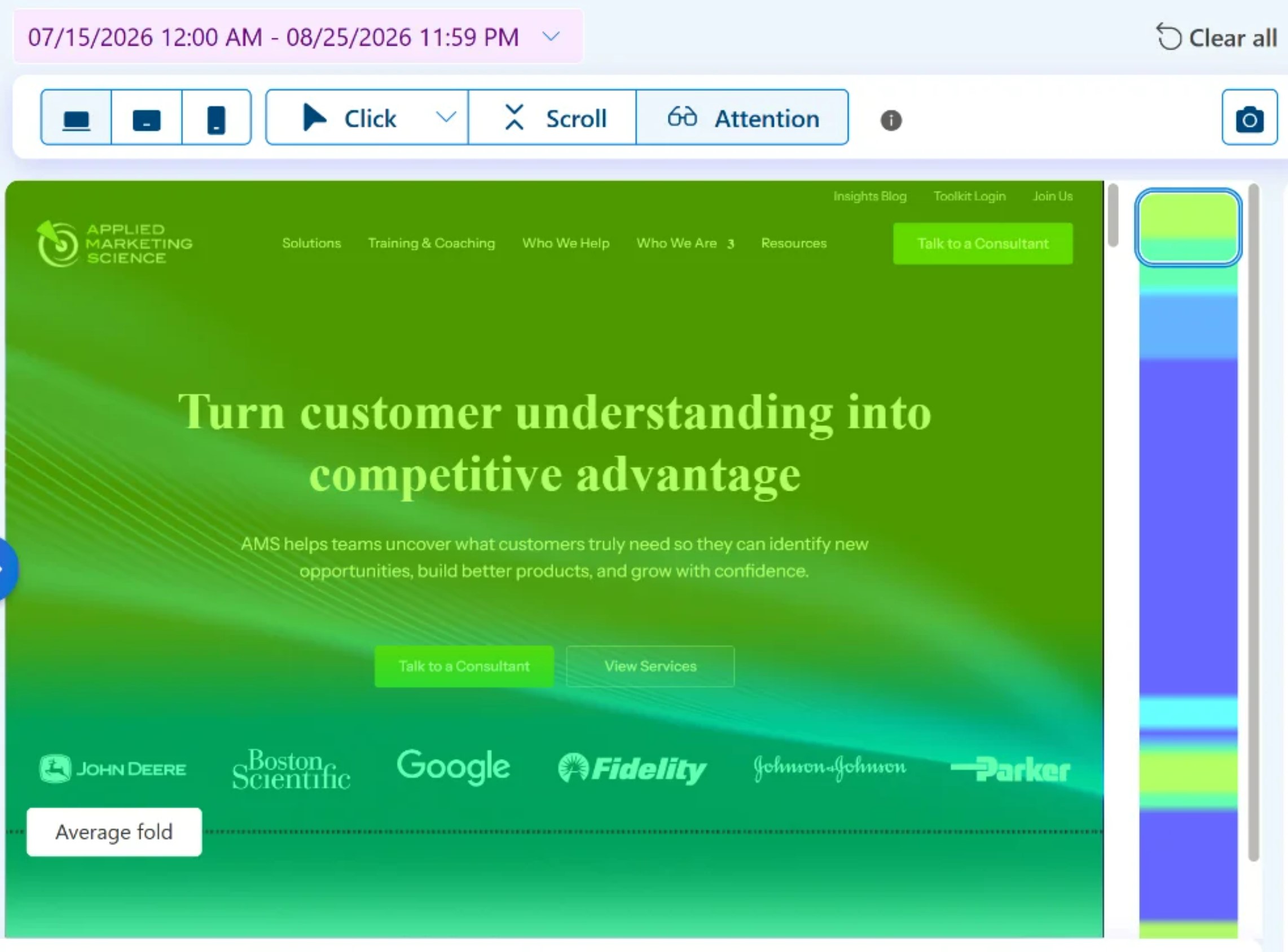Microsoft Clarity attention map showing visitor behavior on the redesigned Applied Marketing Science homepage