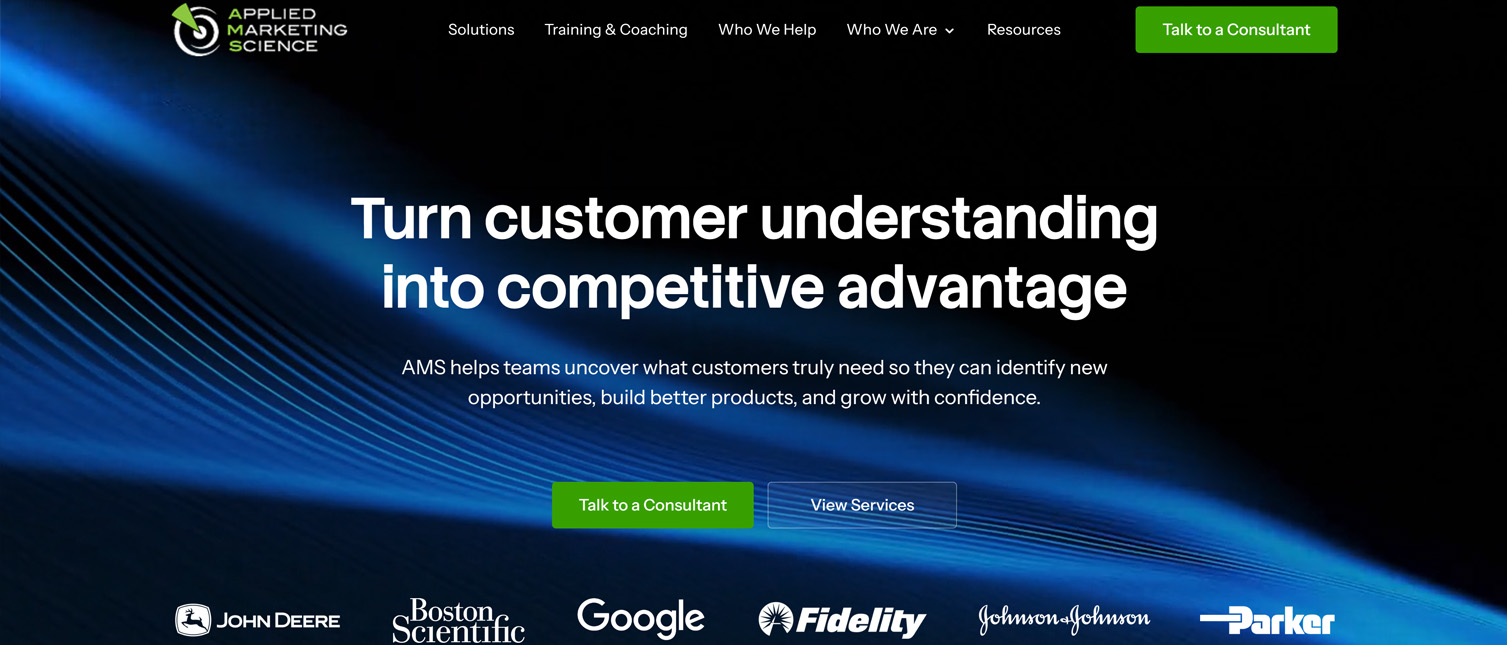 Applied Marketing Science WordPress redesign by Hog the Web Applied Marketing Science redesigned WordPress homepage with clearer positioning, navigation and calls to action