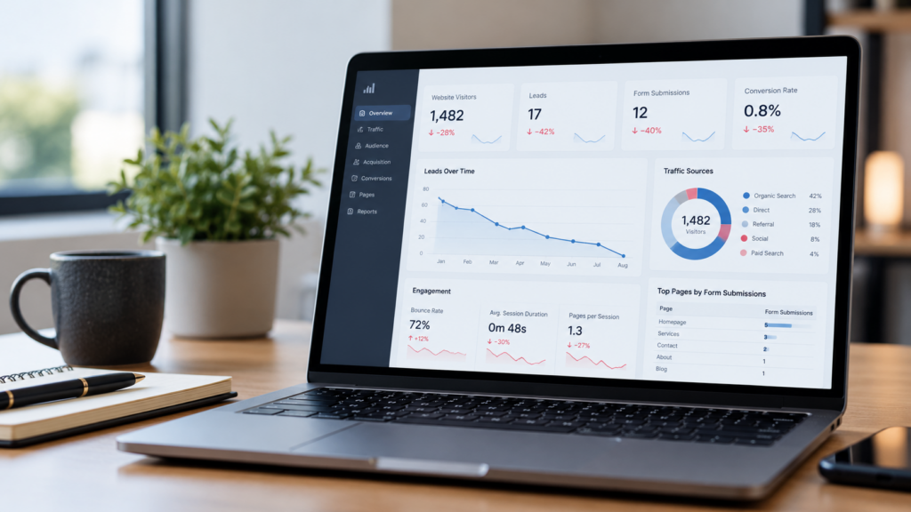 Laptop displaying website analytics with declining leads, low form submissions, and a low conversion rate in a modern office workspace.